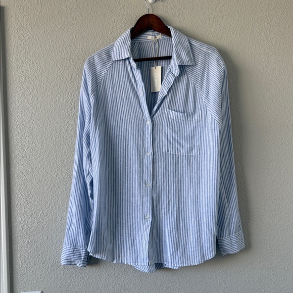 Z Supply The Perfect Line Top Bay Blue Striped Linen Blend Button Down M - Picture 2 of 10